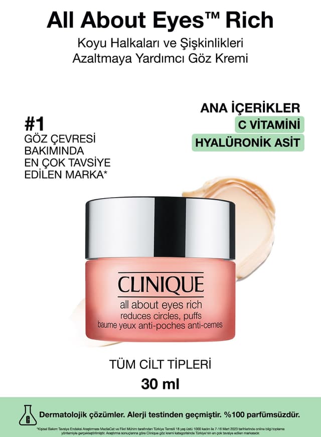 کرم دور چشم Clinique All About Eyes Rich با هیالورونیک اسید و کافئین 30ml کرم دور چشم Clinique All About Eyes Rich با هیالورونیک اسید و کافئین 30ml
