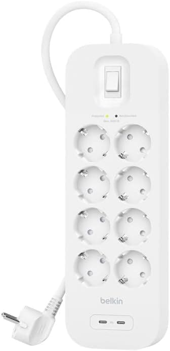 چندراهی برق Belkin چهارپریز با محافظ ولتاژ، نصب دیواری، کابل 2 m، USB-C PD و USB-A، نشانگر سبز، محافظت 525 ژول چندراهی برق Belkin چهارپریز با محافظ ولتاژ، نصب دیواری، کابل 2 m، USB-C PD و USB-A، نشانگر سبز، محافظت 525 ژول