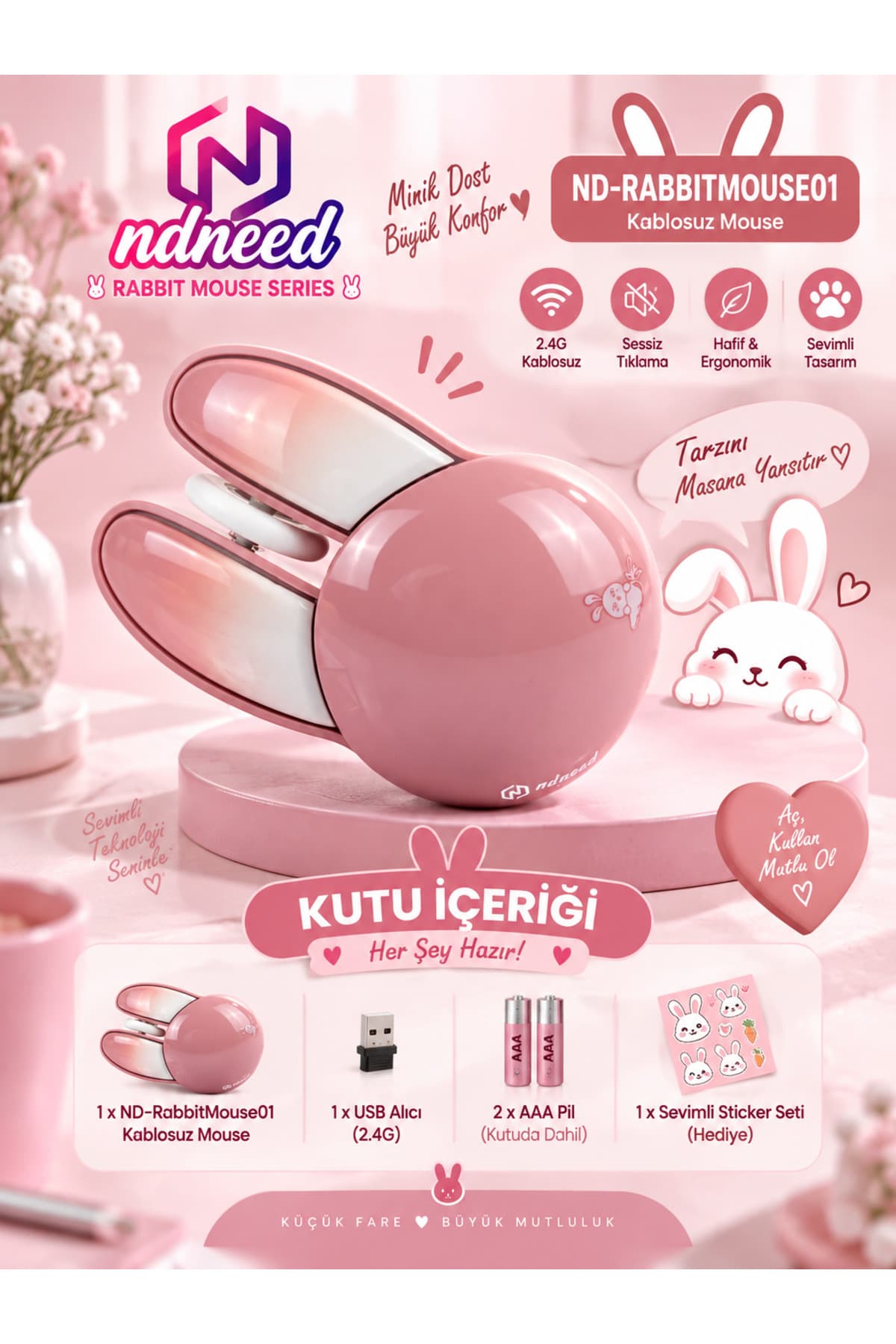 ماوس NDNeed طرح خرگوش سهبعدی صورتی بلوتوث + 2.4G دو حالته ماوس NDNeed طرح خرگوش سهبعدی صورتی بلوتوث + 2.4G دو حالته