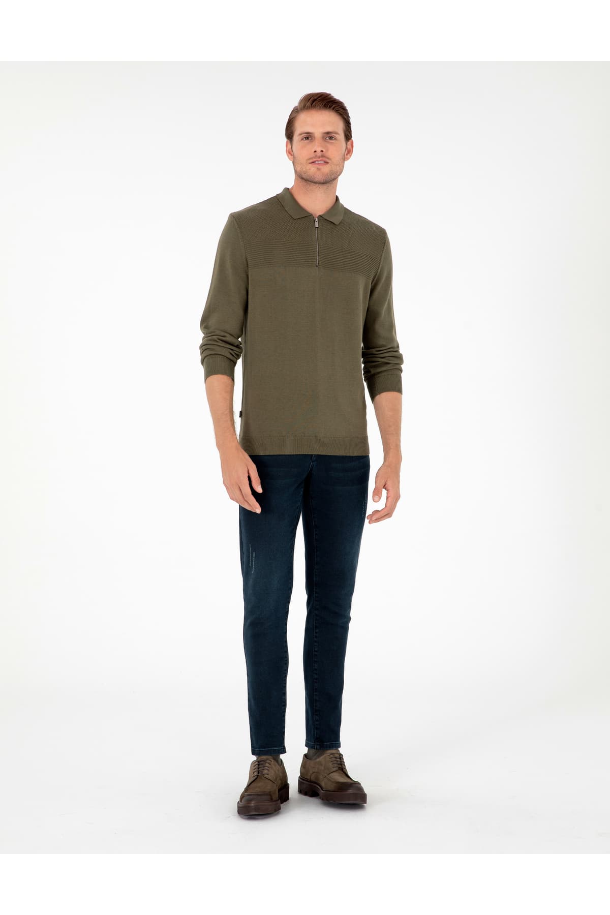 پلیور مردانه Pierre Cardin خاکی تیره Slim Fit یقه پولو زیپدار مدل 50300542-VR111 پلیور مردانه Pierre Cardin خاکی تیره Slim Fit یقه پولو زیپدار مدل 50300542-VR111