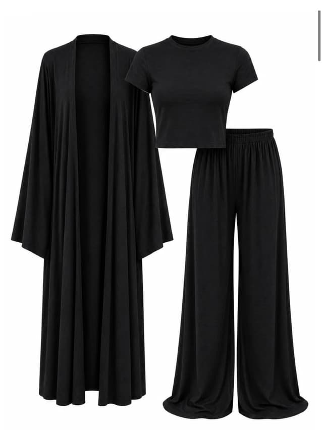ست زنانه PARLAFASHION سه تکه کاردیگان پاچه گشاد کشدار مشکی ست زنانه PARLAFASHION سه تکه کاردیگان پاچه گشاد کشدار مشکی