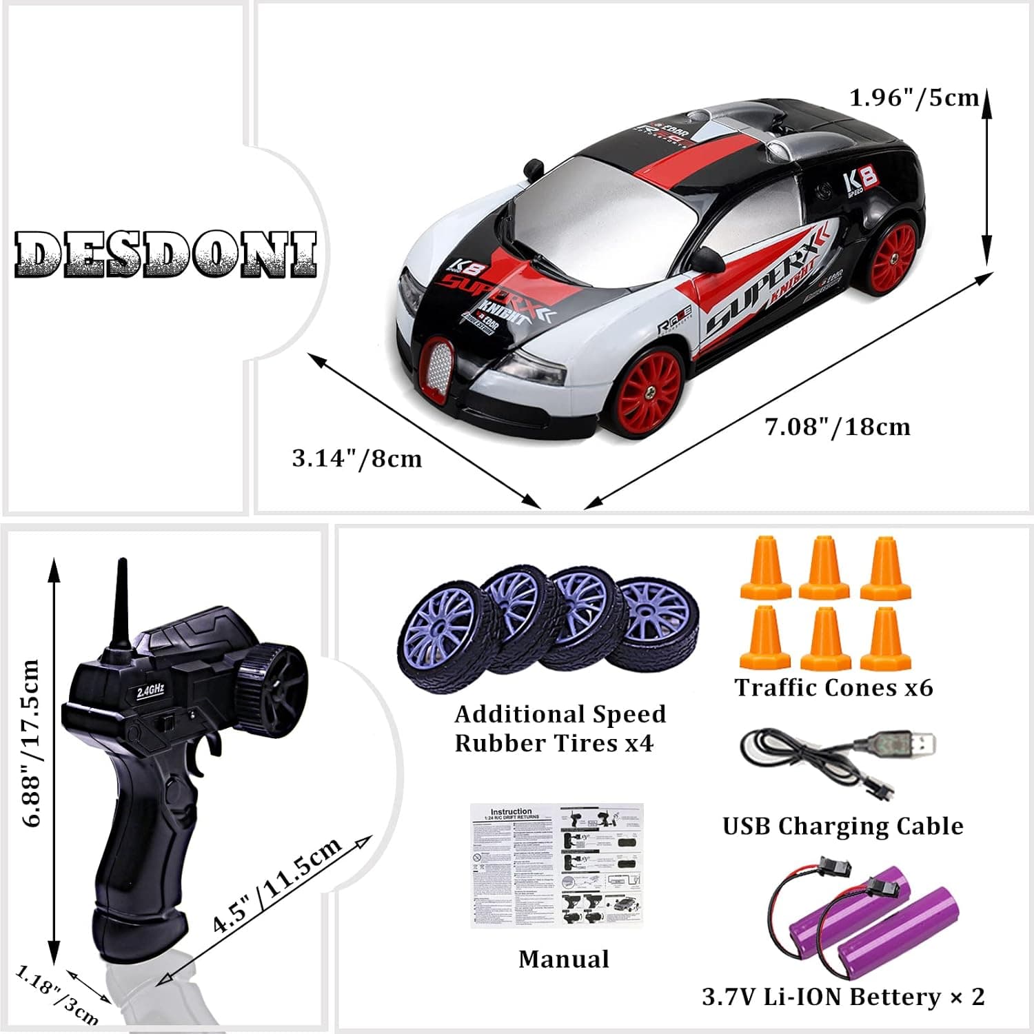 ماشین اسباببازی دریفت کنترلی Desdoni برای کودکان و بزرگسالان 2.4GHz 1:24 4WD 15KM/H با چراغ LED ماشین اسباببازی دریفت کنترلی Desdoni برای کودکان و بزرگسالان 2.4GHz 1:24 4WD 15KM/H با چراغ LED
