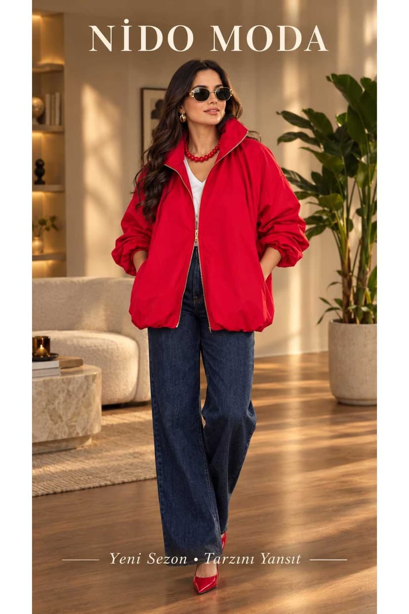 کاپشن بارانی زنانه nido moda قرمز یقه ایستاده زیپدار گشاد کاپشن بارانی زنانه nido moda قرمز یقه ایستاده زیپدار گشاد