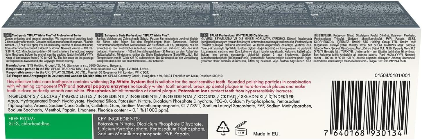خمیردندان سفیدکننده فلورایددار SPLAT مدل Professional White Plus 100 ml خمیردندان سفیدکننده فلورایددار SPLAT مدل Professional White Plus 100 ml
