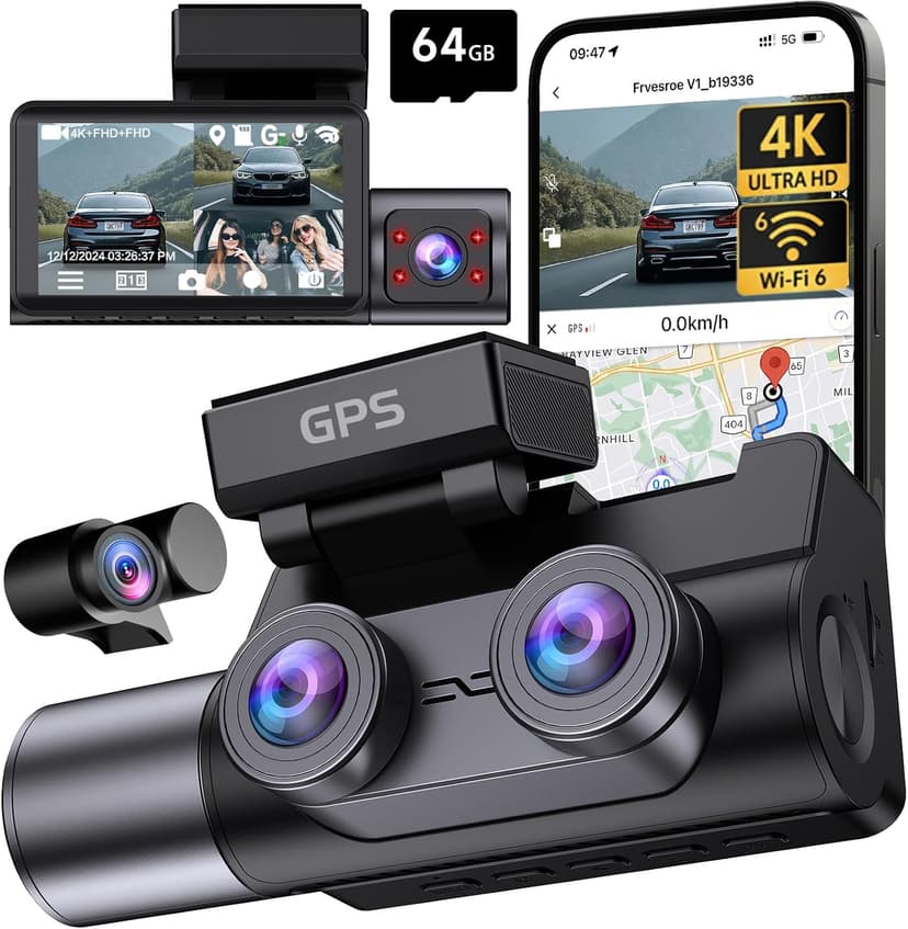 دوربین خودرو Frvesroe 4K سه کانال جلو، عقب، داخل کارت حافظه 64GB دوربین خودرو Frvesroe 4K سه کانال جلو، عقب، داخل کارت حافظه 64GB