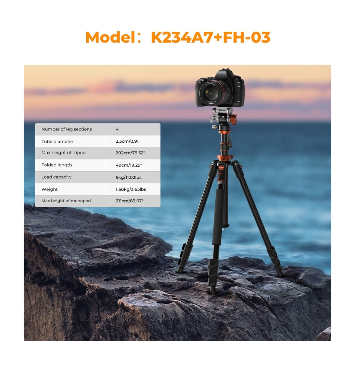 سهپایه K&F CONCEPT آلومینیومی 200 سانتیمتری مدل O234A7+FH-03 سهپایه K&F CONCEPT آلومینیومی 200 سانتیمتری مدل O234A7+FH-03