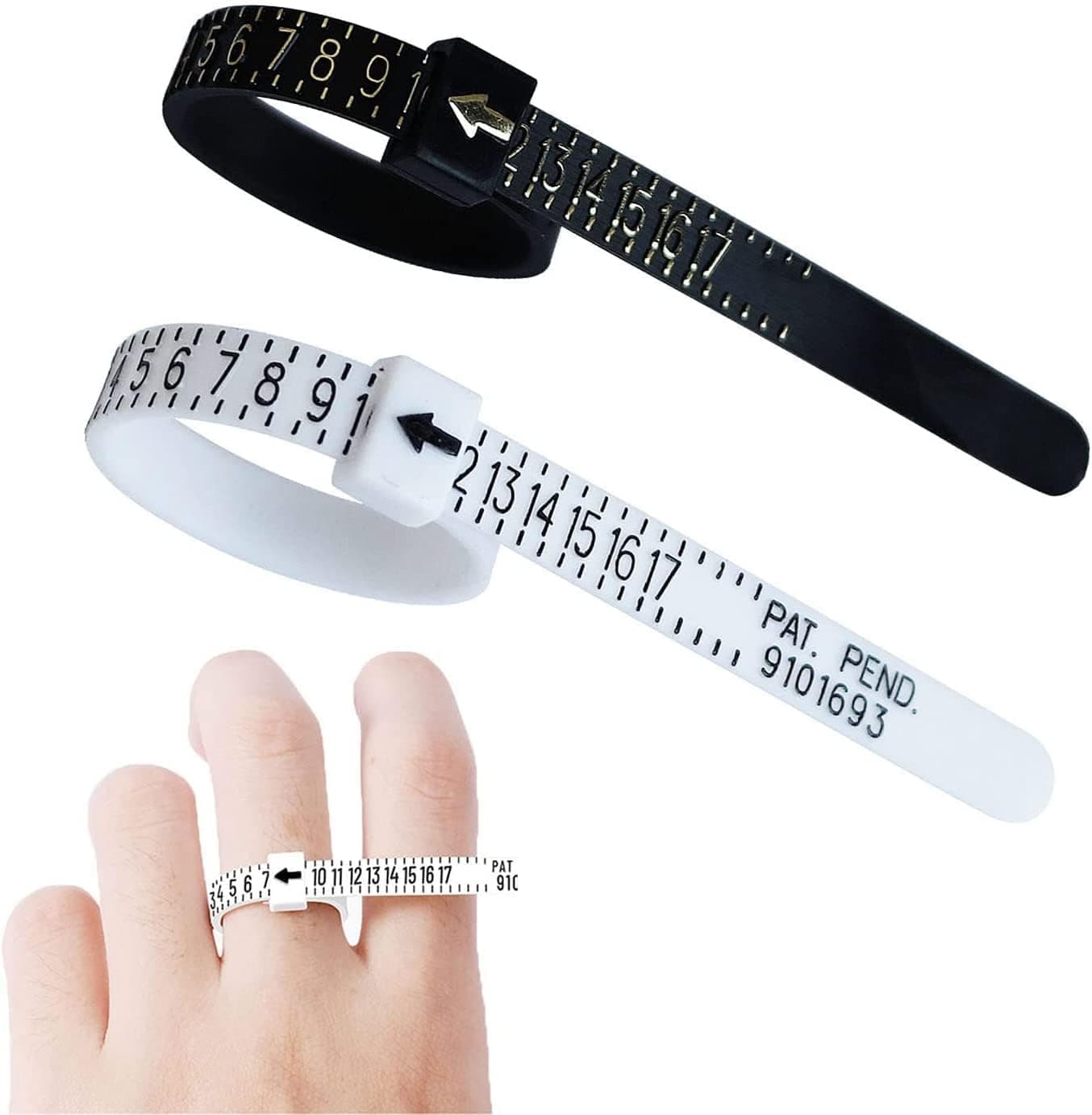 ست 2 PCS ابزار اندازهگیری سایز انگشتر، حلقههای پلاستیکی قابل استفاده مجدد سایز 1-17 US مشکی و سفید ست 2 PCS ابزار اندازهگیری سایز انگشتر، حلقههای پلاستیکی قابل استفاده مجدد سایز 1-17 US مشکی و سفید