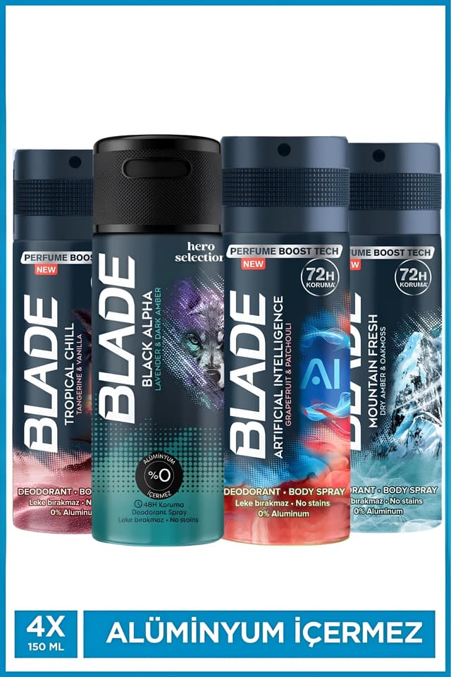 ست دئودورانت بدون آلومینیوم Blade مدل 4x150 Ml ست دئودورانت بدون آلومینیوم Blade مدل 4x150 Ml