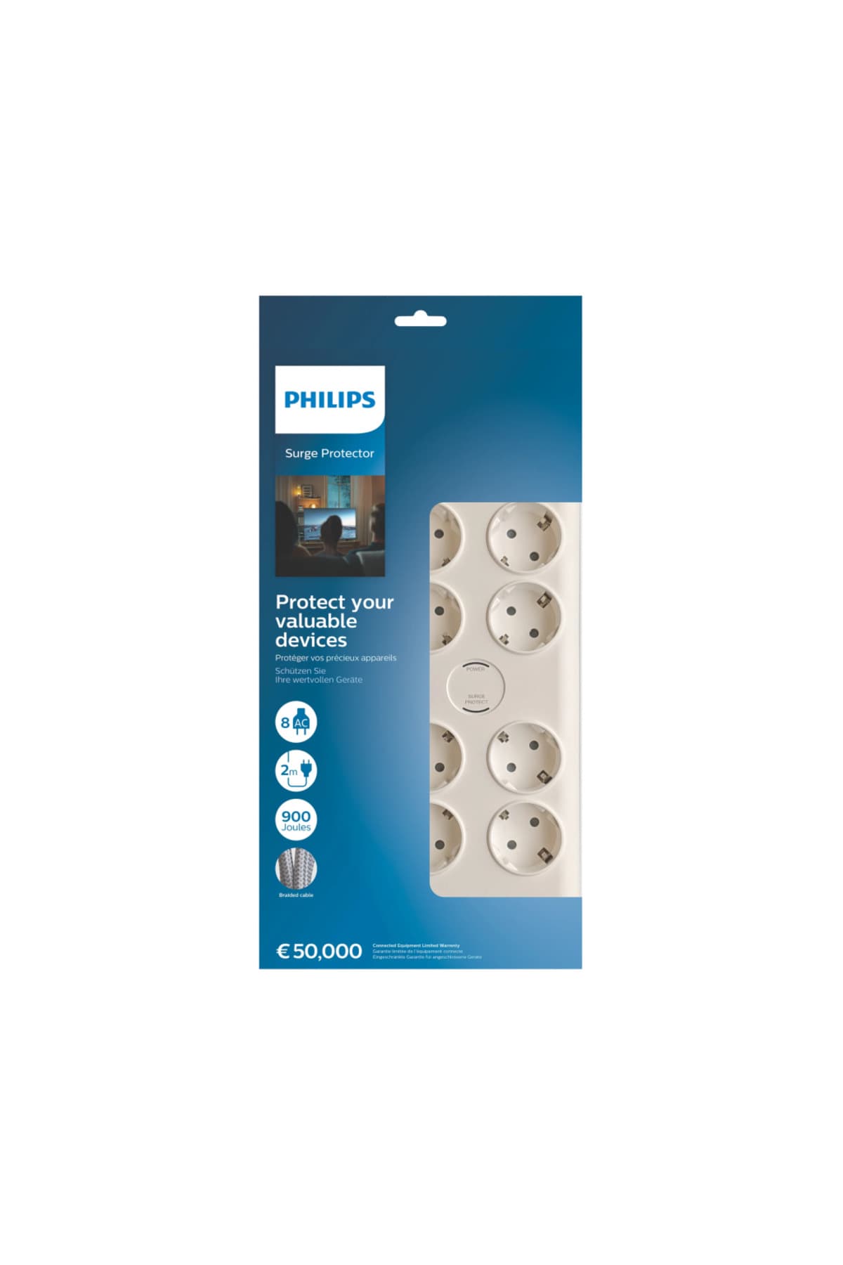 محافظ برق 8 پریزه Philips با کابل بافته 2 متری، 900 ژول، سفید مدل SPN7080WA/62 محافظ برق 8 پریزه Philips با کابل بافته 2 متری، 900 ژول، سفید مدل SPN7080WA/62