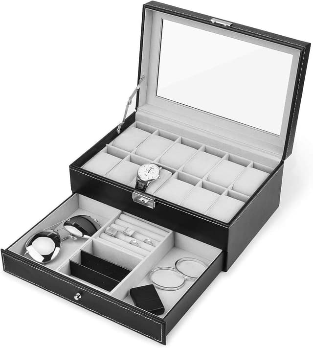 جعبه جواهرات مخصوص ساعت YumLock دوطبقه کشودار مشکی جعبه جواهرات مخصوص ساعت YumLock دوطبقه کشودار مشکی