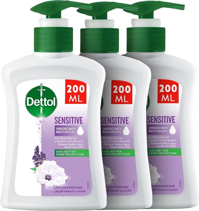 مایع دستشویی پمپی Dettol با رایحه اسطوخودوس و مشک سفید، 200ml × 3 مایع دستشویی پمپی Dettol با رایحه اسطوخودوس و مشک سفید، 200ml × 3