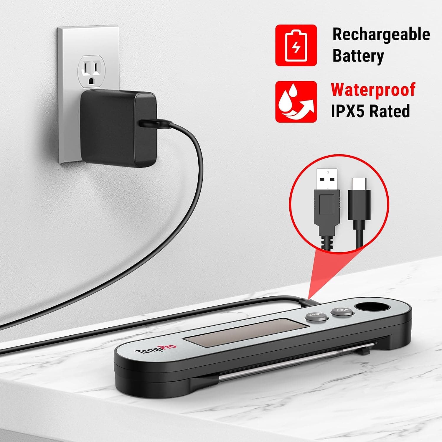 ترمومتر دیجیتال گوشت Thermopro دو پروبی ضدآب با سنسور فر شارژی مدل TP610 ترمومتر دیجیتال گوشت Thermopro دو پروبی ضدآب با سنسور فر شارژی مدل TP610