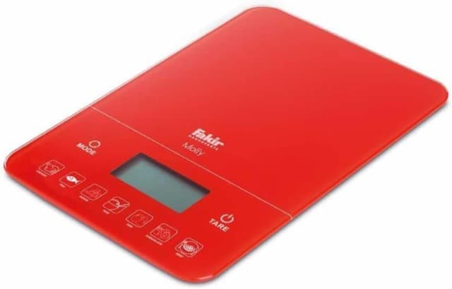 ترازوی آشپزخانه دیجیتال Fakir قرمز با اندازهگیری 10 kg، تحلیل کالری 7 ماده غذایی، بدنه شیشهای و نمایشگر LED ترازوی آشپزخانه دیجیتال Fakir قرمز با اندازهگیری 10 kg، تحلیل کالری 7 ماده غذایی، بدنه شیشهای و نمایشگر LED