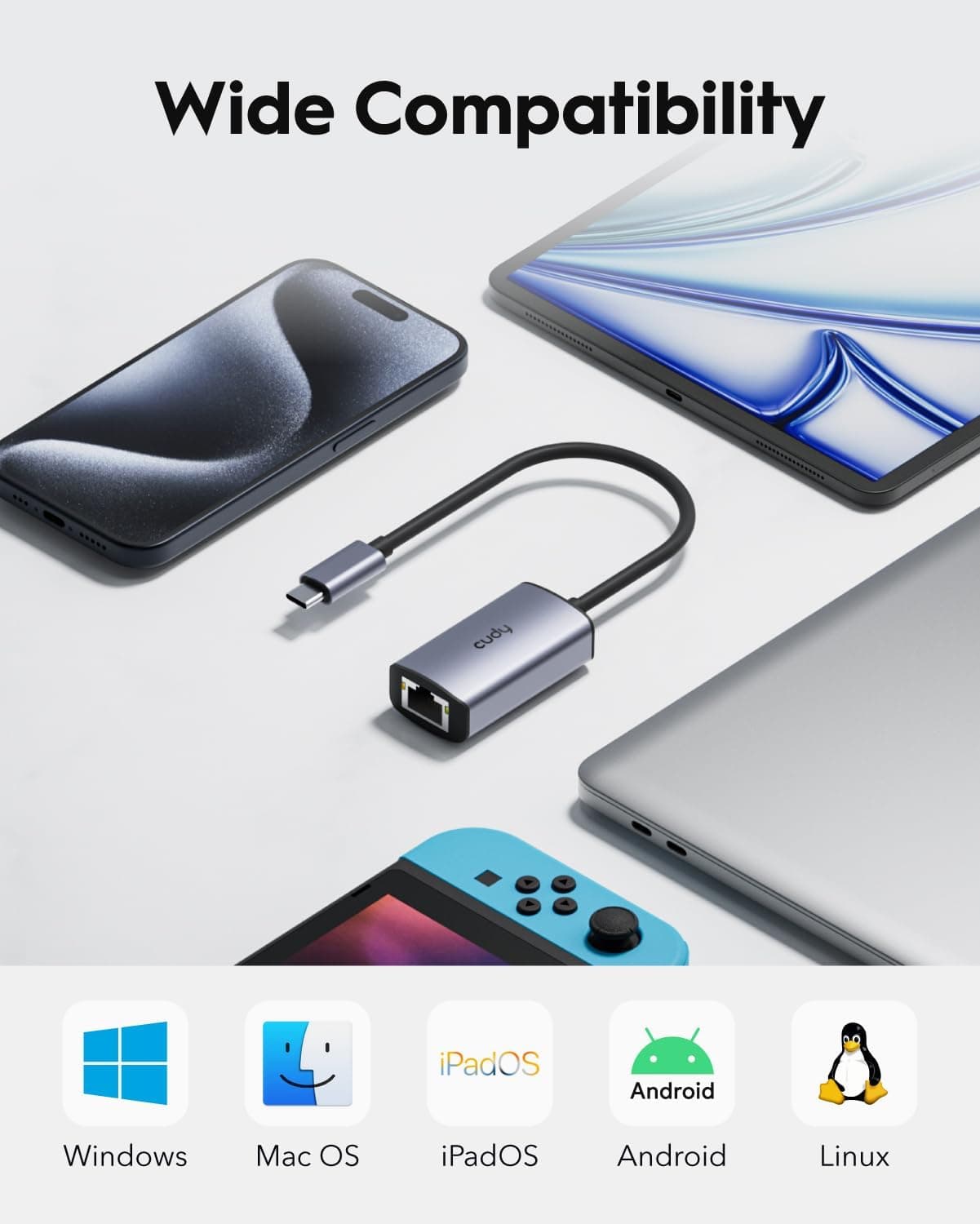 مبدل USB C به Ethernet Cudy آلومینیومی RJ45 1000Mbps Thunderbolt سازگار با MacBook، iPhone 15/16، Steam Deck و Switch مبدل USB C به Ethernet Cudy آلومینیومی RJ45 1000Mbps Thunderbolt سازگار با MacBook، iPhone 15/16، Steam Deck و Switch