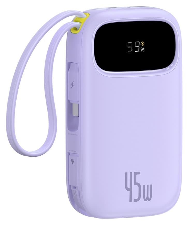 پاوربانک Baseus با نمایشگر دیجیتال، شارژ سریع و دو کابل USB-C داخلی 20000mAh 45W بنفش مدل FC31 پاوربانک Baseus با نمایشگر دیجیتال، شارژ سریع و دو کابل USB-C داخلی 20000mAh 45W بنفش مدل FC31