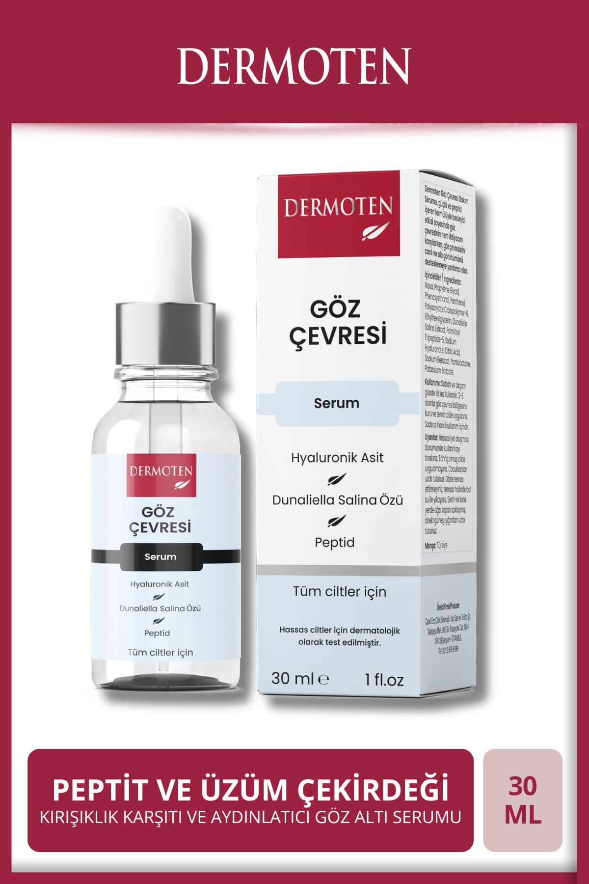 سرم دور چشم Dermoten حاوی هیالورونیک اسید، جمعکننده منافذ و ضدچروک 30 ml سرم دور چشم Dermoten حاوی هیالورونیک اسید، جمعکننده منافذ و ضدچروک 30 ml