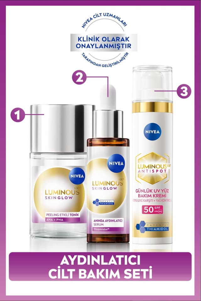 ست جهیزیه NIVEA شامل کرم روز صورت ضدلک SPF50 Luminous630، سرم روشنکننده و تونر Skin Glow ست جهیزیه NIVEA شامل کرم روز صورت ضدلک SPF50 Luminous630، سرم روشنکننده و تونر Skin Glow