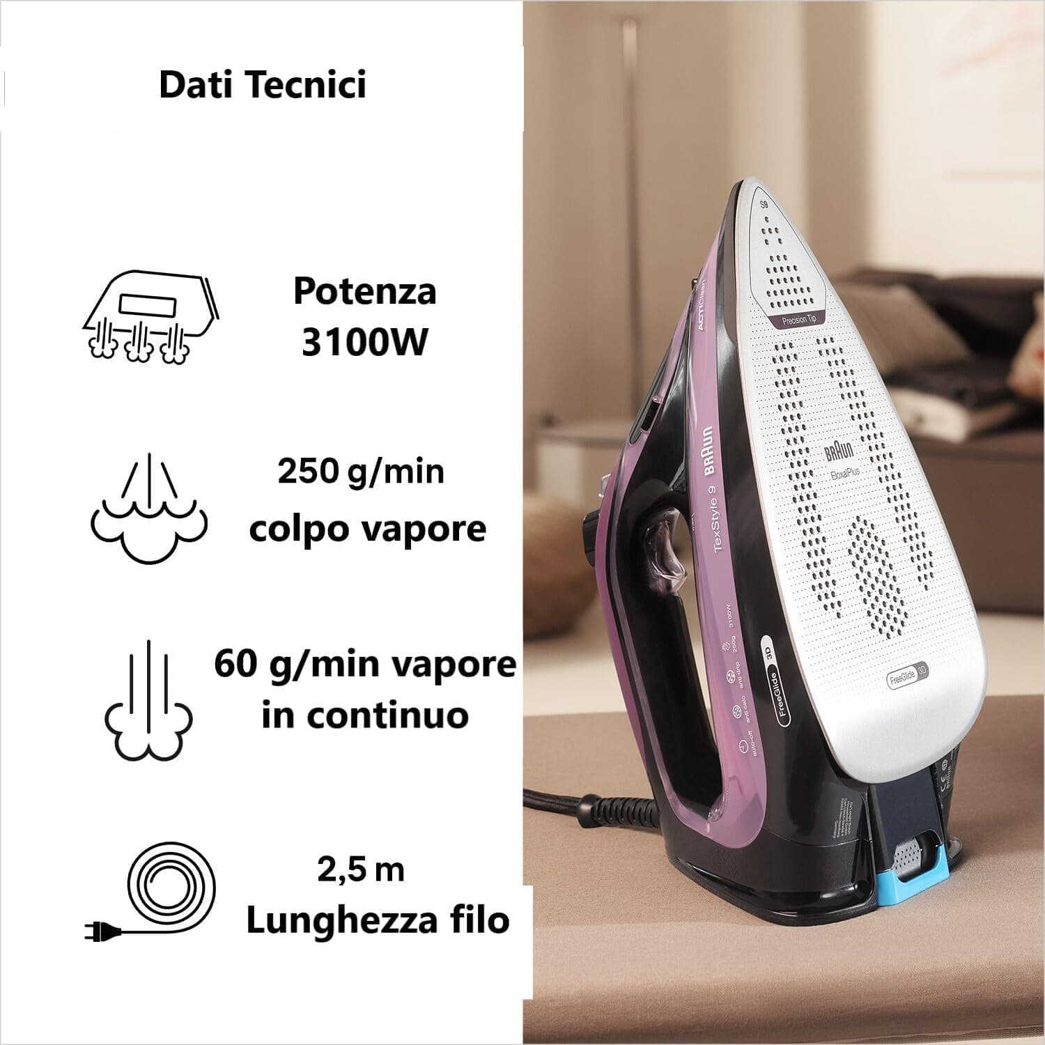 اتو Braun Texstyle 9 بنفش با بخاردهی 250 g، ترموستات قابل تنظیم، کفی 3D Superceramic Freegglide و مخزن 330 ml مدل SI9661VI اتو Braun Texstyle 9 بنفش با بخاردهی 250 g، ترموستات قابل تنظیم، کفی 3D Superceramic Freegglide و مخزن 330 ml مدل SI9661VI