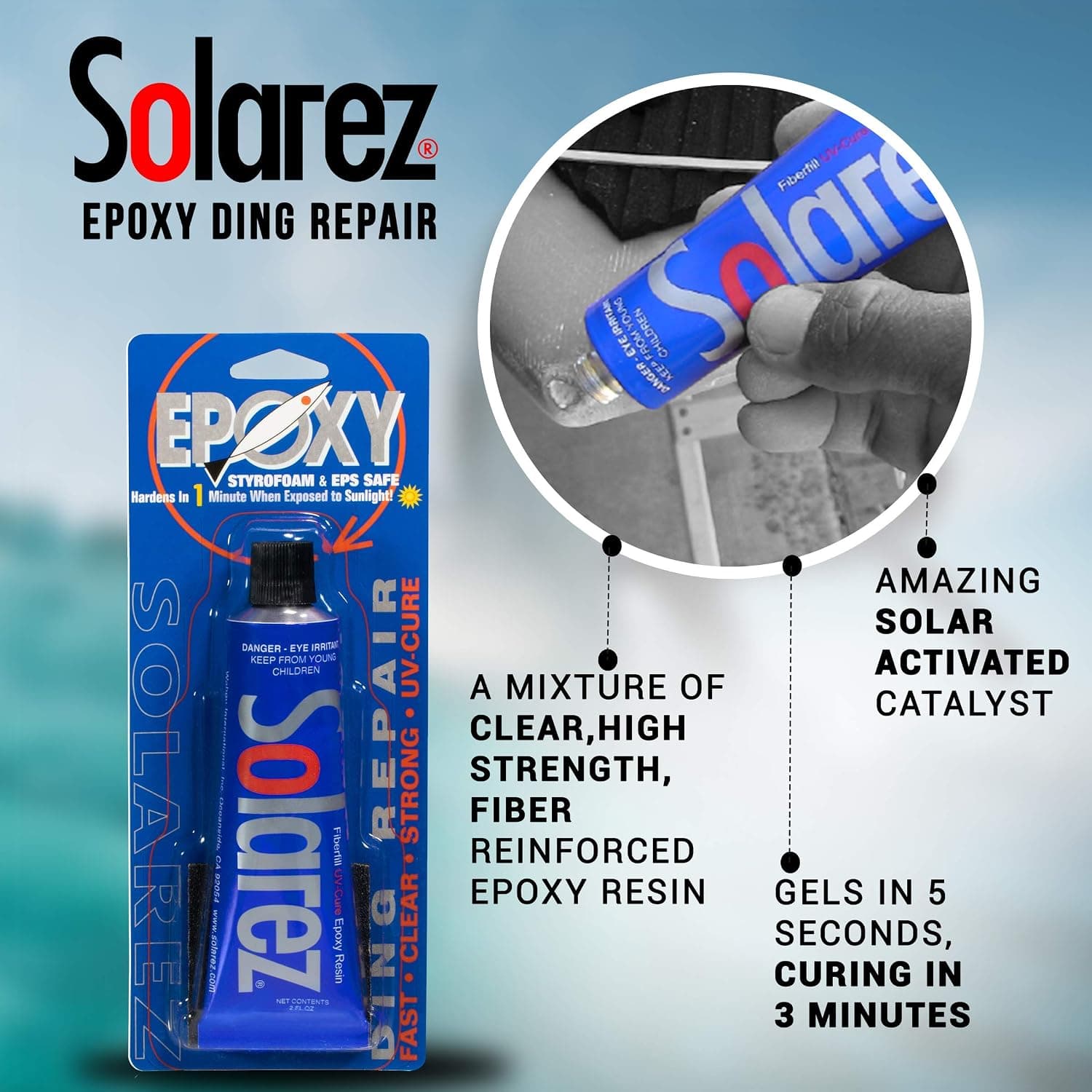 رزین ترمیمی اپوکسی تخته پارویی SUP و تخته موجسواری SOLAREZ خشکشونده با UV، 2 oz همراه پد سنباده 60/40 grit رزین ترمیمی اپوکسی تخته پارویی SUP و تخته موجسواری SOLAREZ خشکشونده با UV، 2 oz همراه پد سنباده 60/40 grit