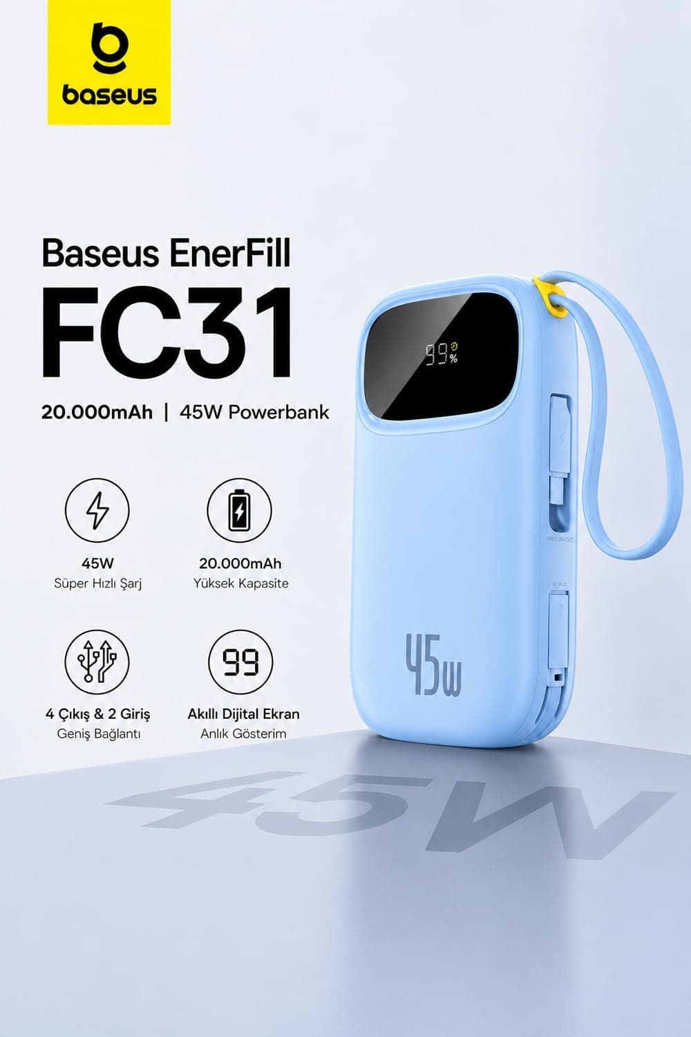 پاوربانک Baseus نمایشگر دیجیتال 20000mAh 45W شارژ سریع آبی مدل EnerFill FC31 پاوربانک Baseus نمایشگر دیجیتال 20000mAh 45W شارژ سریع آبی مدل EnerFill FC31