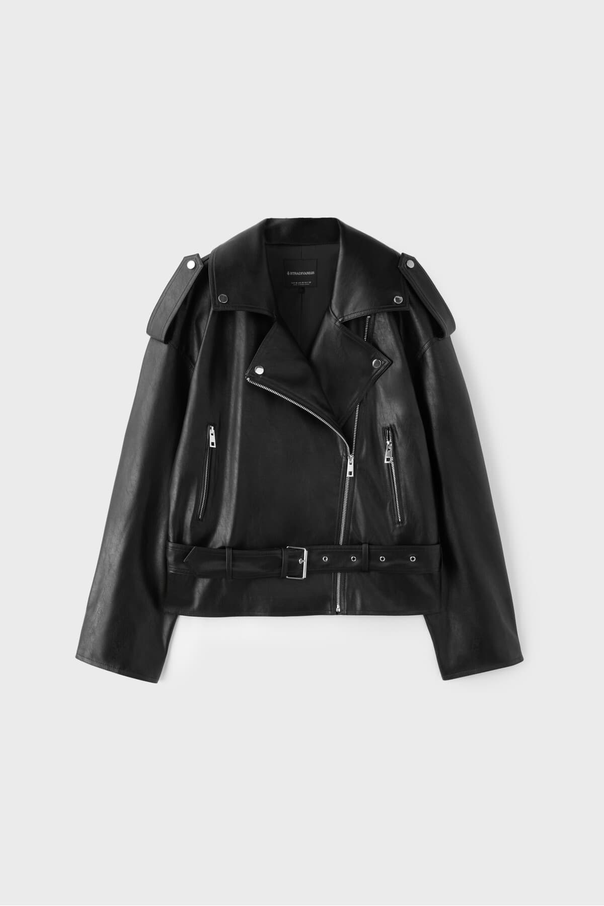 کت بایکر زنانه Stradivarius چرم مصنوعی با کمربند کت بایکر زنانه Stradivarius چرم مصنوعی با کمربند