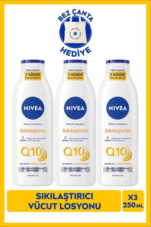 لوسیون بدن سفتکننده NIVEA Q10 حاوی ویتامین C، 250ml، بسته 3 عددی با کیف پارچهای هدیه لوسیون بدن سفتکننده NIVEA Q10 حاوی ویتامین C، 250ml، بسته 3 عددی با کیف پارچهای هدیه