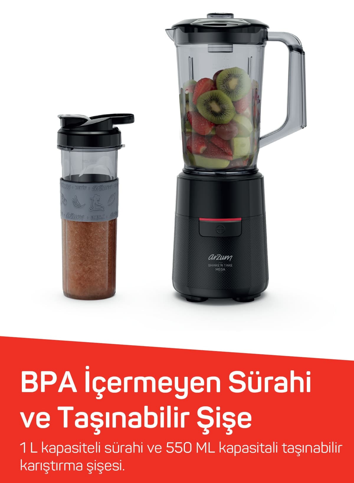 مخلوطکن پارچی Arzum مدل AR1193 مشکی 500 W با پارچ 1 L و بطری 550 ml مخلوطکن پارچی Arzum مدل AR1193 مشکی 500 W با پارچ 1 L و بطری 550 ml
