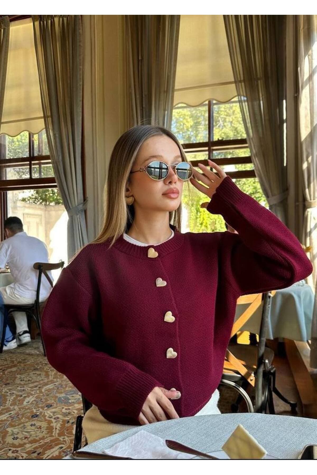 هیرکای بافتنی زنانه De Pose دکمه قلبی بوردو هیرکای بافتنی زنانه De Pose دکمه قلبی بوردو