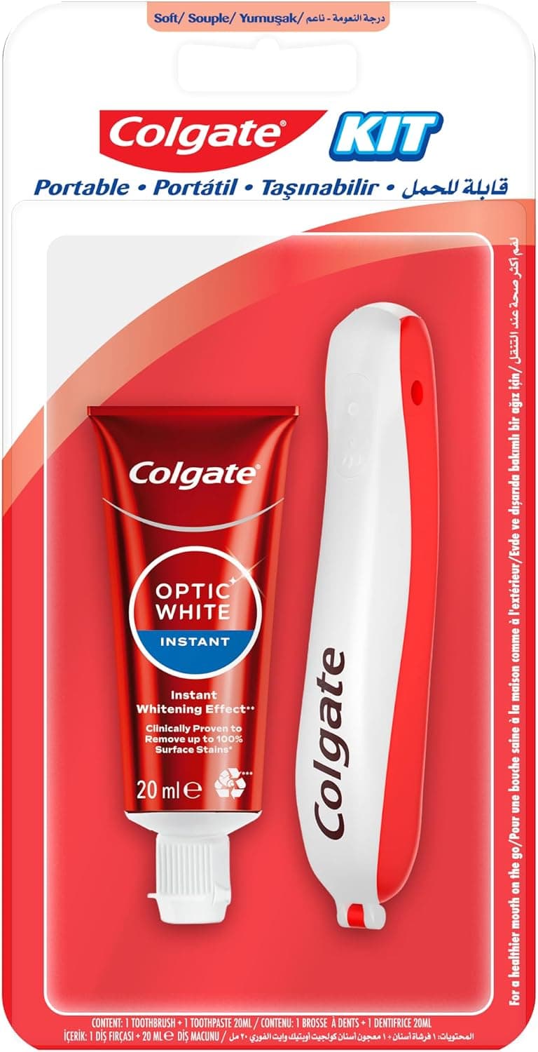 کیت مسافرتی دهان و دندان Colgate با خمیردندان سفیدکننده Optic White 20mL و مسواک تاشو کیت مسافرتی دهان و دندان Colgate با خمیردندان سفیدکننده Optic White 20mL و مسواک تاشو