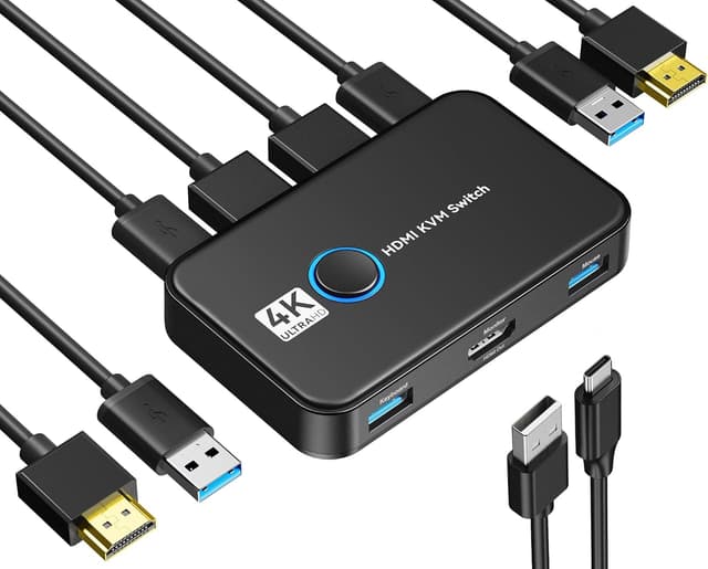 سوئیچ KVM برای اشتراک مانیتور، کیبورد و ماوس بین دو کامپیوتر GIIMAKE با پشتیبانی از 4K@60Hz، همراه 2 کابل HDMI، 2 کابل USB و 1 کابل شارژ USB C سوئیچ KVM برای اشتراک مانیتور، کیبورد و ماوس بین دو کامپیوتر GIIMAKE با پشتیبانی از 4K@60Hz، همراه 2 کابل HDMI، 2 کابل USB و 1 کابل شارژ USB C