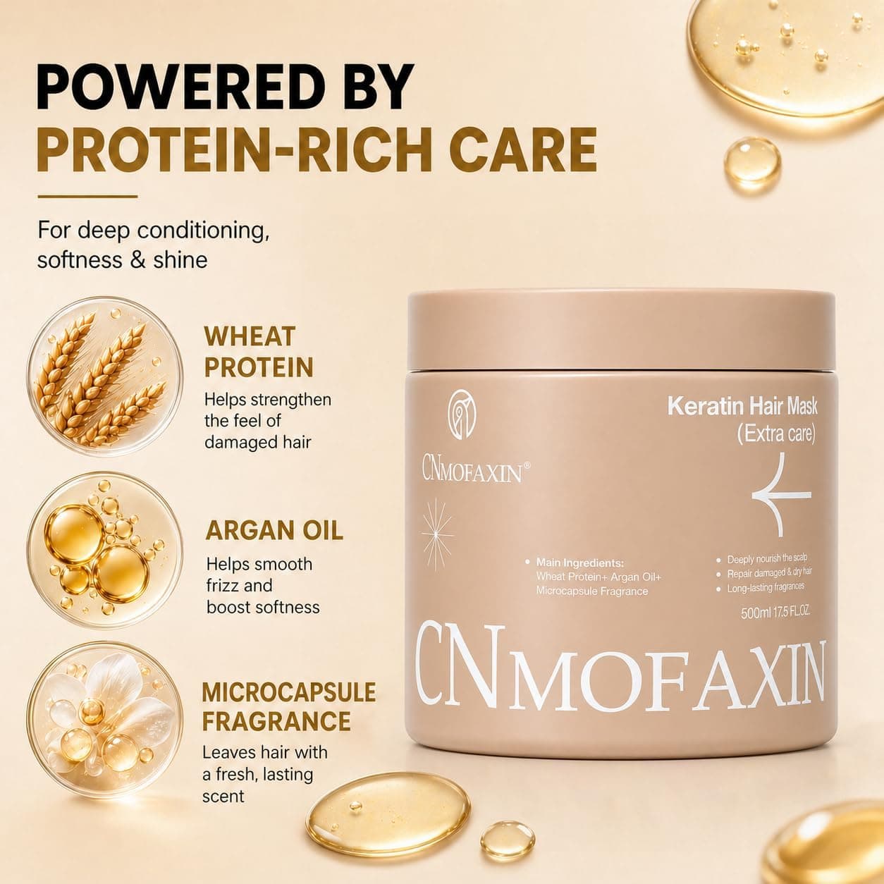 ماسک و نرمکننده مو CNMOFAXIN آبرسان و ضدوز حاوی پروتئین گندم و روغن آرگان 500ml ماسک و نرمکننده مو CNMOFAXIN آبرسان و ضدوز حاوی پروتئین گندم و روغن آرگان 500ml