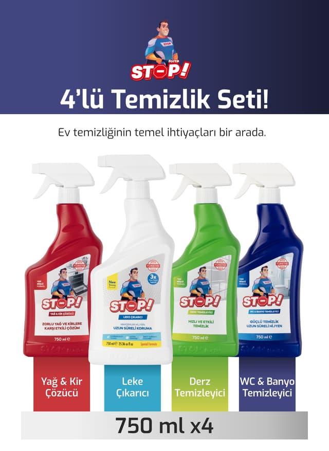 ست پاککننده قوی STOP Forte برای لکه، درز، چربی، کثیفی، توالت و حمام 4 × 750 ml ست پاککننده قوی STOP Forte برای لکه، درز، چربی، کثیفی، توالت و حمام 4 × 750 ml