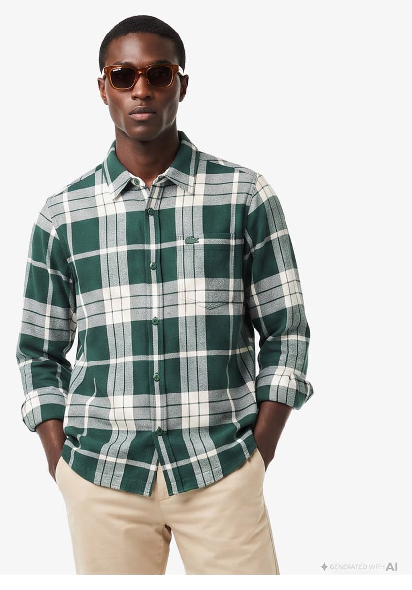 پیراهن مردانه Lacoste فیت معمولی چهارخانه سبز تیره پیراهن مردانه Lacoste فیت معمولی چهارخانه سبز تیره