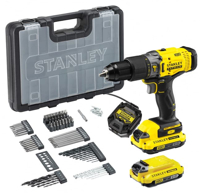 کیت دریل چکشی شارژی Stanley Fatmax مدل SCD718D2A با دو باتری 18V V20، 2.0 Ah و 83 قطعه لوازم جانبی کیت دریل چکشی شارژی Stanley Fatmax مدل SCD718D2A با دو باتری 18V V20، 2.0 Ah و 83 قطعه لوازم جانبی
