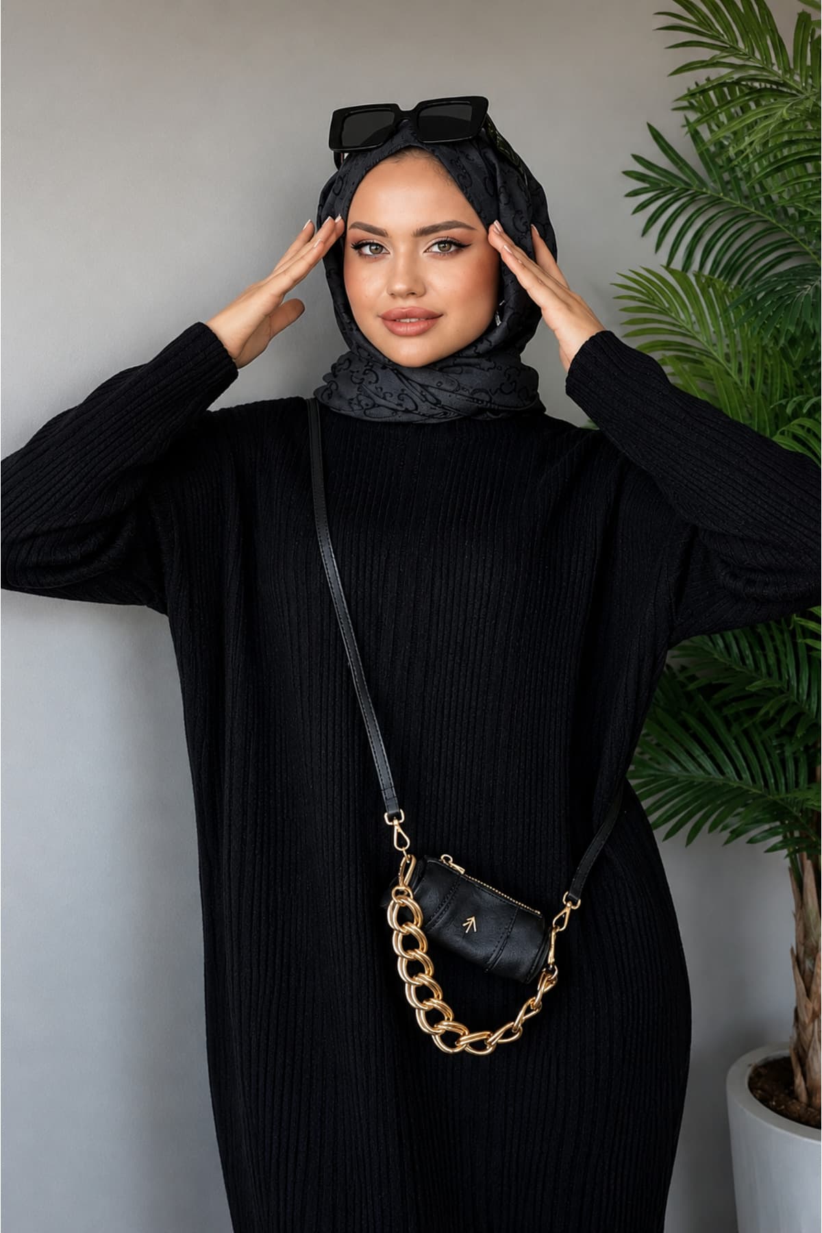 پیراهن بافت Gülce moda شیاردار مشکی پیراهن بافت Gülce moda شیاردار مشکی