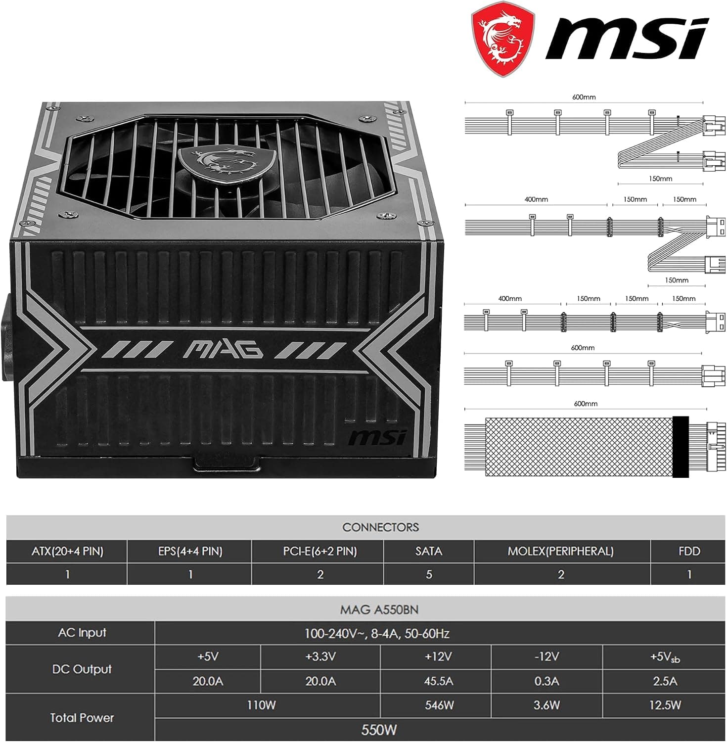 منبع تغذیه کامپیوتر MSI 550W 80 Plus Bronze با فن 120mm مدل MAG A550BNL منبع تغذیه کامپیوتر MSI 550W 80 Plus Bronze با فن 120mm مدل MAG A550BNL