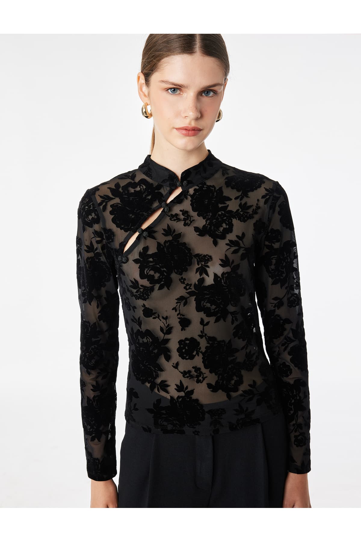 تیشرت زنانه Koton توری آستین بلند گلدار یقه Qipao ایستاده تیشرت زنانه Koton توری آستین بلند گلدار یقه Qipao ایستاده
