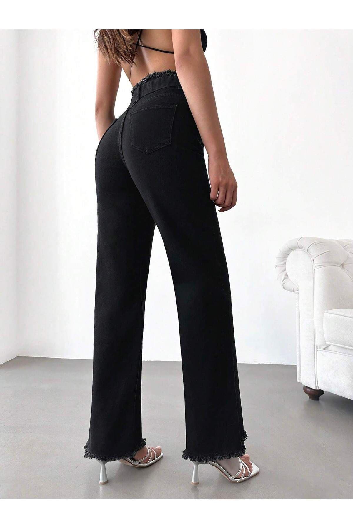 شلوار جین پالازو زنانه Swet Shop Jeans مشکی کمر بلند کشی با کمربند سگکدار و لبه ریشریش شلوار جین پالازو زنانه Swet Shop Jeans مشکی کمر بلند کشی با کمربند سگکدار و لبه ریشریش