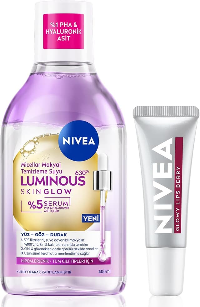 آب پاککننده آرایش 400 ml و کرم لب مرطوبکننده رنگ بری NIVEA Luminous630 Skin Glow آب پاککننده آرایش 400 ml و کرم لب مرطوبکننده رنگ بری NIVEA Luminous630 Skin Glow