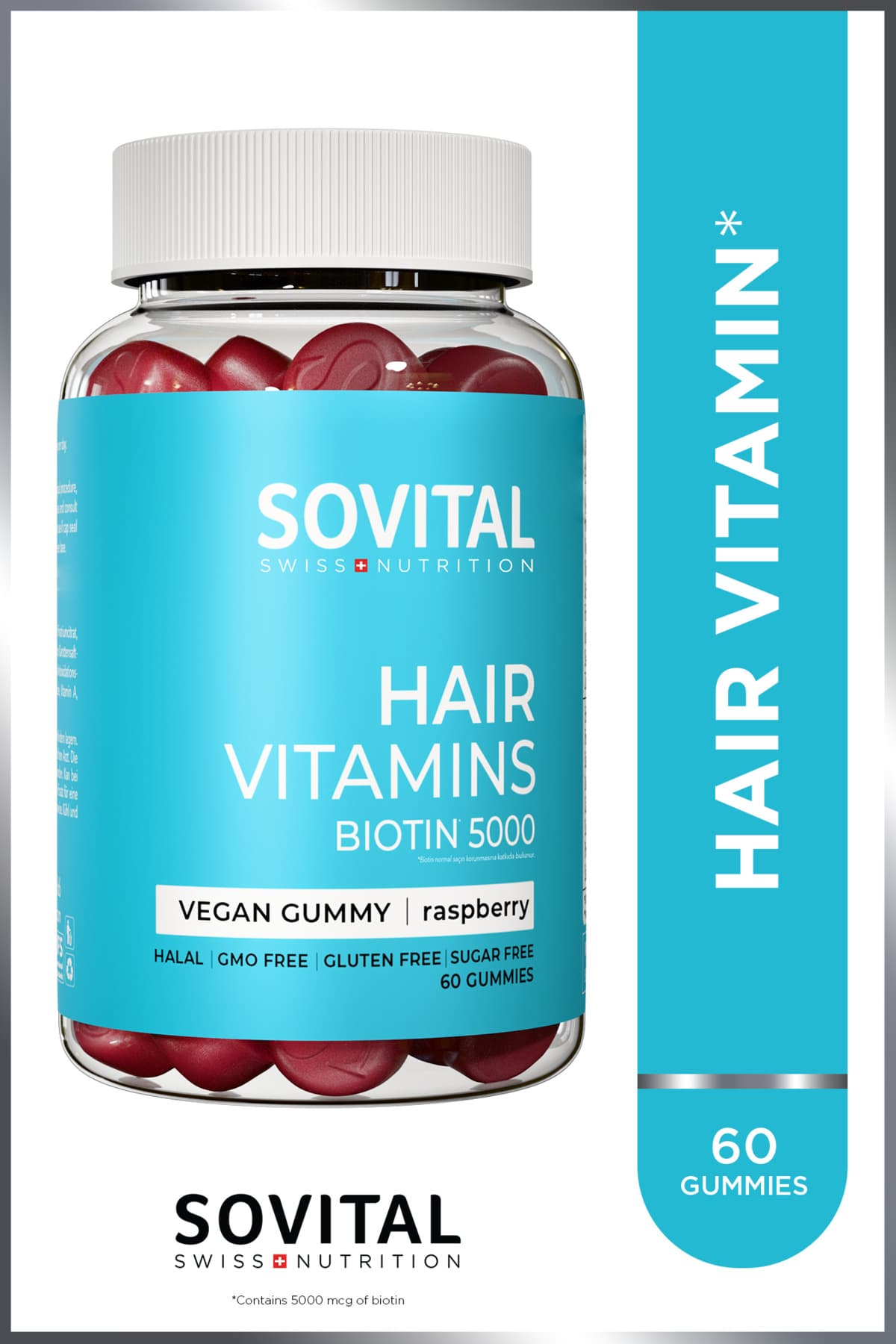 پاستیل ویتامین مو SOVITAL با بیوتین 5000 mcg، بدون شکر، با طعم تمشک 60 Gummy پاستیل ویتامین مو SOVITAL با بیوتین 5000 mcg، بدون شکر، با طعم تمشک 60 Gummy