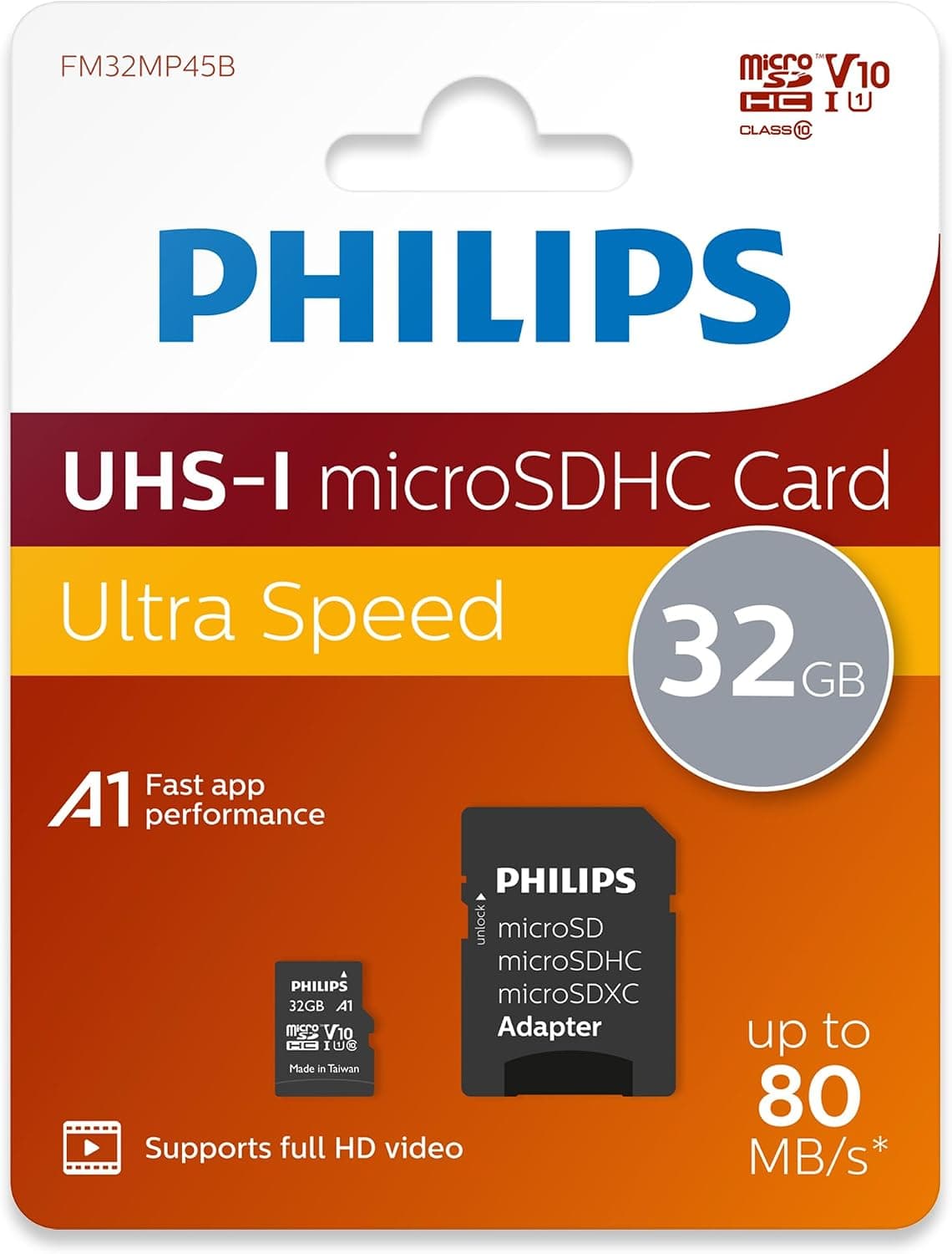 کارت حافظه Micro SDHC PHILIPS 32 GB با آداپتور SD، UHS-I U1، سرعت خواندن تا 80 MB/s، مدل A1 V10 کارت حافظه Micro SDHC PHILIPS 32 GB با آداپتور SD، UHS-I U1، سرعت خواندن تا 80 MB/s، مدل A1 V10