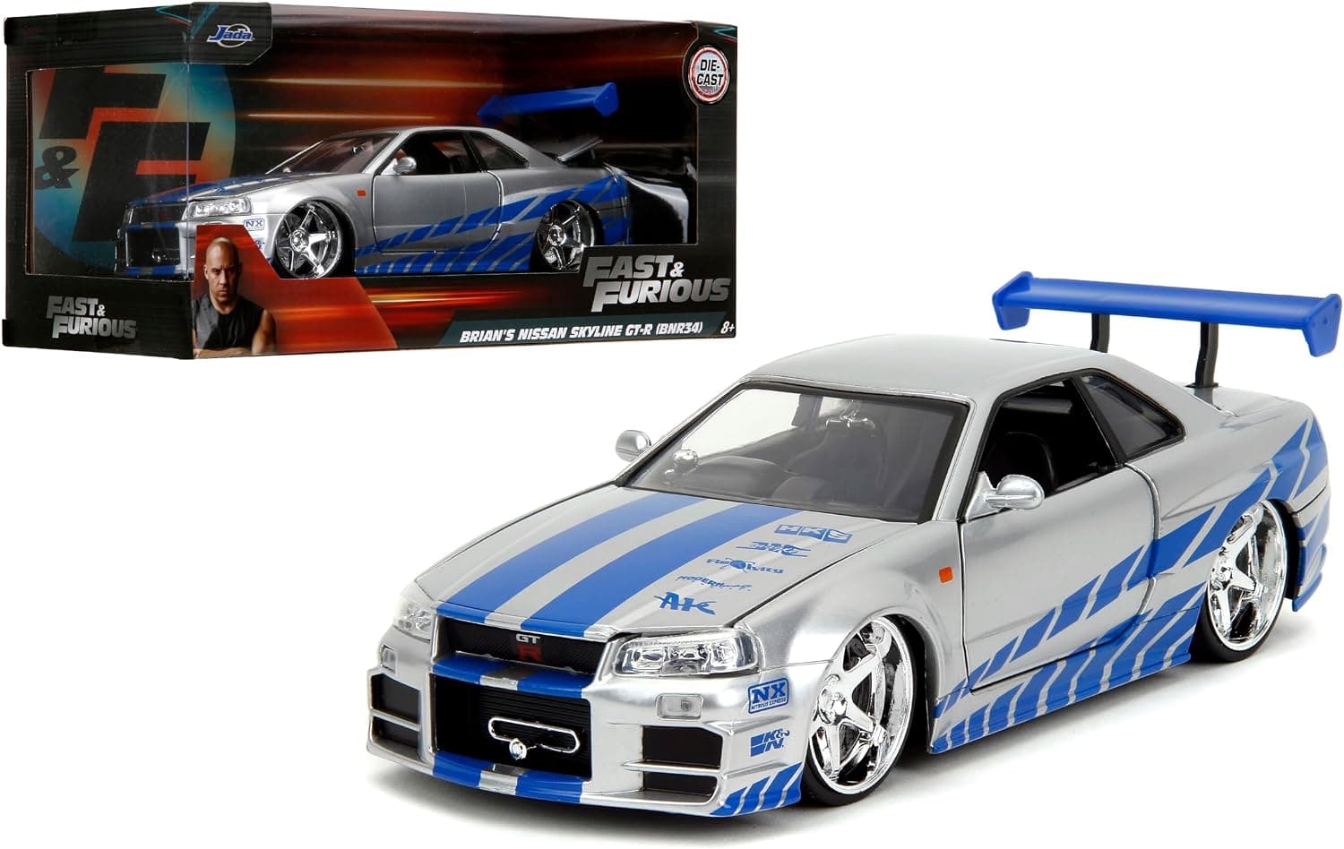 ماشین فلزی Jada از مجموعه Fast & Furious مدل 2002 Nissan Skyline R34، مقیاس 1:24، نقرهای و آبی ماشین فلزی Jada از مجموعه Fast & Furious مدل 2002 Nissan Skyline R34، مقیاس 1:24، نقرهای و آبی