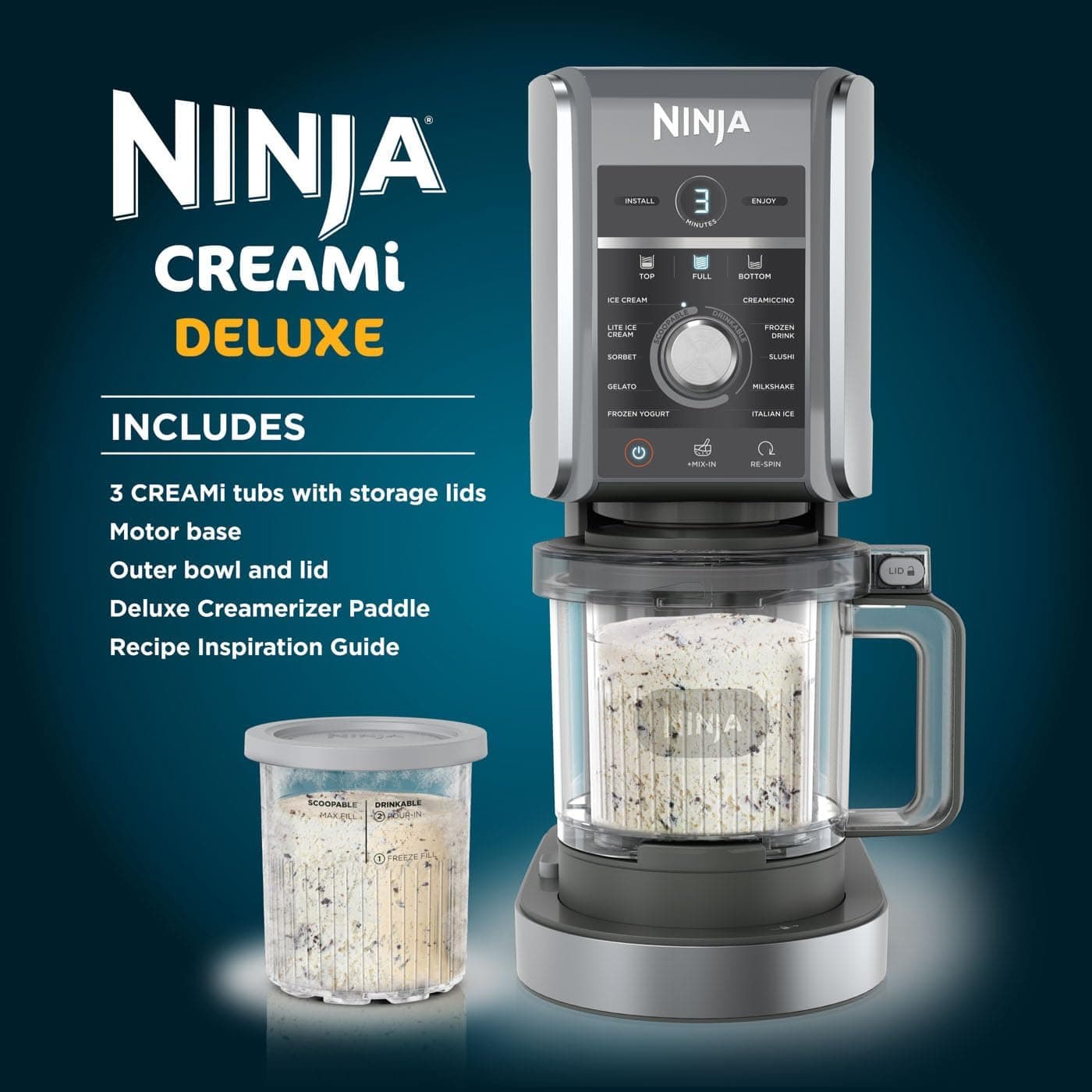 دستگاه بستنیساز و تهیهکننده دسر یخزده Ninja CREAMi Deluxe نقرهای مدل NC501ME دستگاه بستنیساز و تهیهکننده دسر یخزده Ninja CREAMi Deluxe نقرهای مدل NC501ME