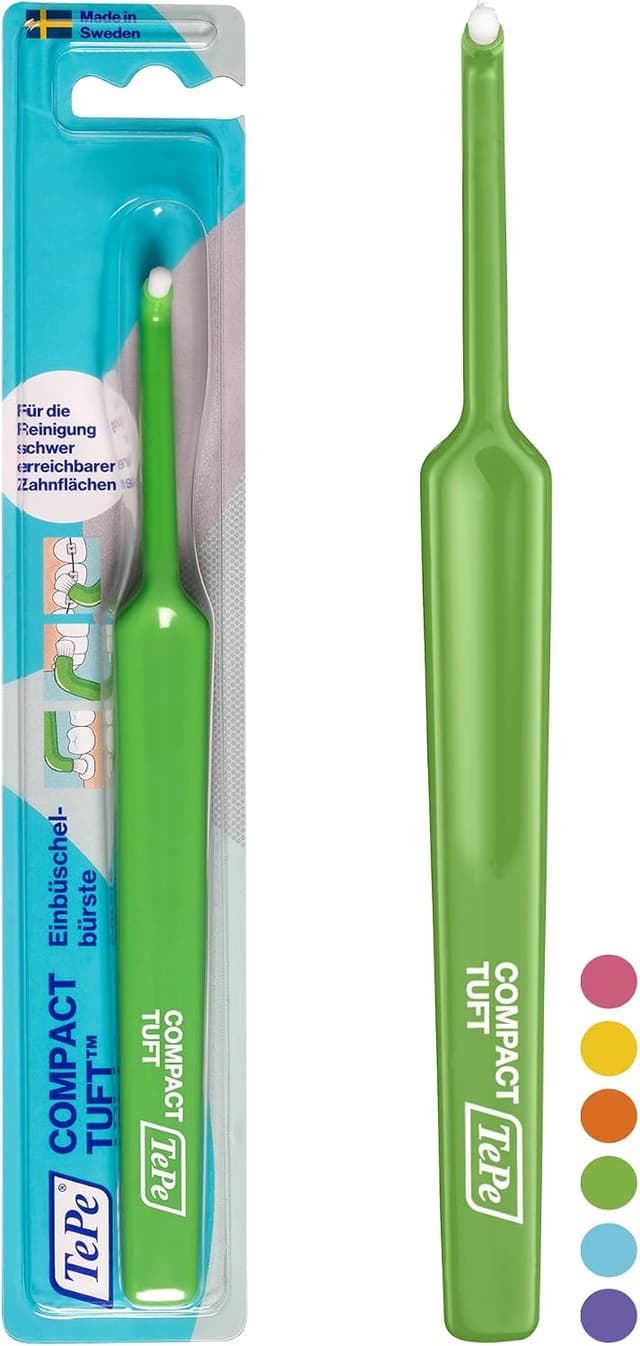 مسواک تکدسته TePe Compact Tuft با برس گرد مناسب ایمپلنت و پروتز، رنگهای متنوع مسواک تکدسته TePe Compact Tuft با برس گرد مناسب ایمپلنت و پروتز، رنگهای متنوع