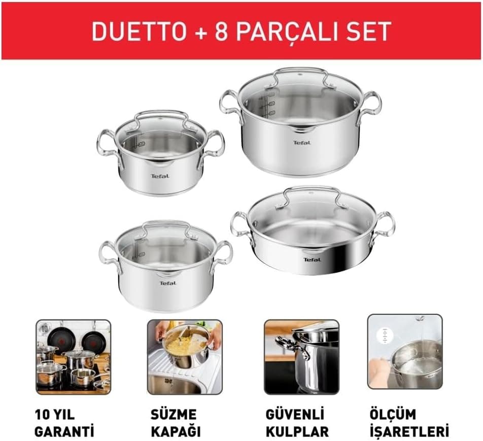 ست قابلمه استیل Tefal Duetto کف القایی 8 پارچه مدل 2100139450 ست قابلمه استیل Tefal Duetto کف القایی 8 پارچه مدل 2100139450