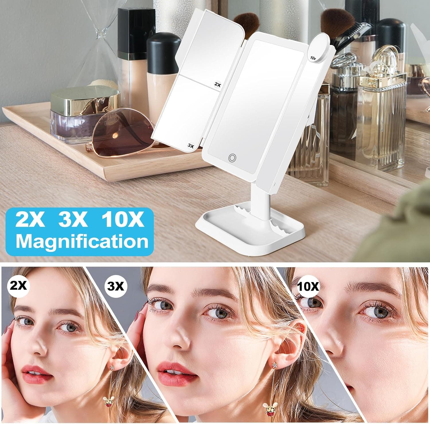 آینه آرایش Gtinli شارژی LED دار سهلت قابل حمل با بزرگنمایی 1X/2X/3X/10X آینه آرایش Gtinli شارژی LED دار سهلت قابل حمل با بزرگنمایی 1X/2X/3X/10X