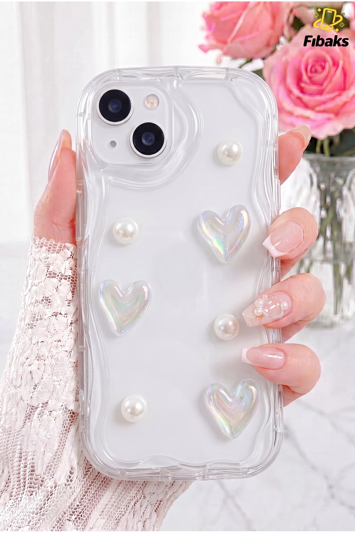 قاب گوشی Fibaks سیلیکونی شفاف طرح قلب و مروارید سه بعدی محافظ دوربین iPhone 13/14 قاب گوشی Fibaks سیلیکونی شفاف طرح قلب و مروارید سه بعدی محافظ دوربین iPhone 13/14