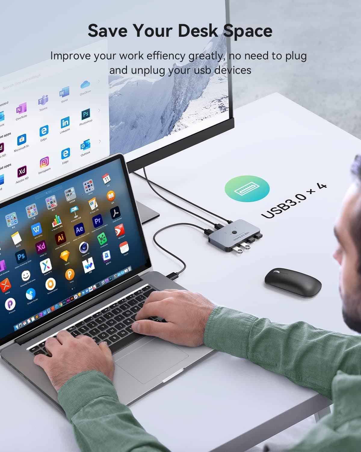 سوئیچ KVM USB 3.0 ABLEWE آلومینیومی برای اشتراک 2 کامپیوتر و 4 دستگاه USB سوئیچ KVM USB 3.0 ABLEWE آلومینیومی برای اشتراک 2 کامپیوتر و 4 دستگاه USB