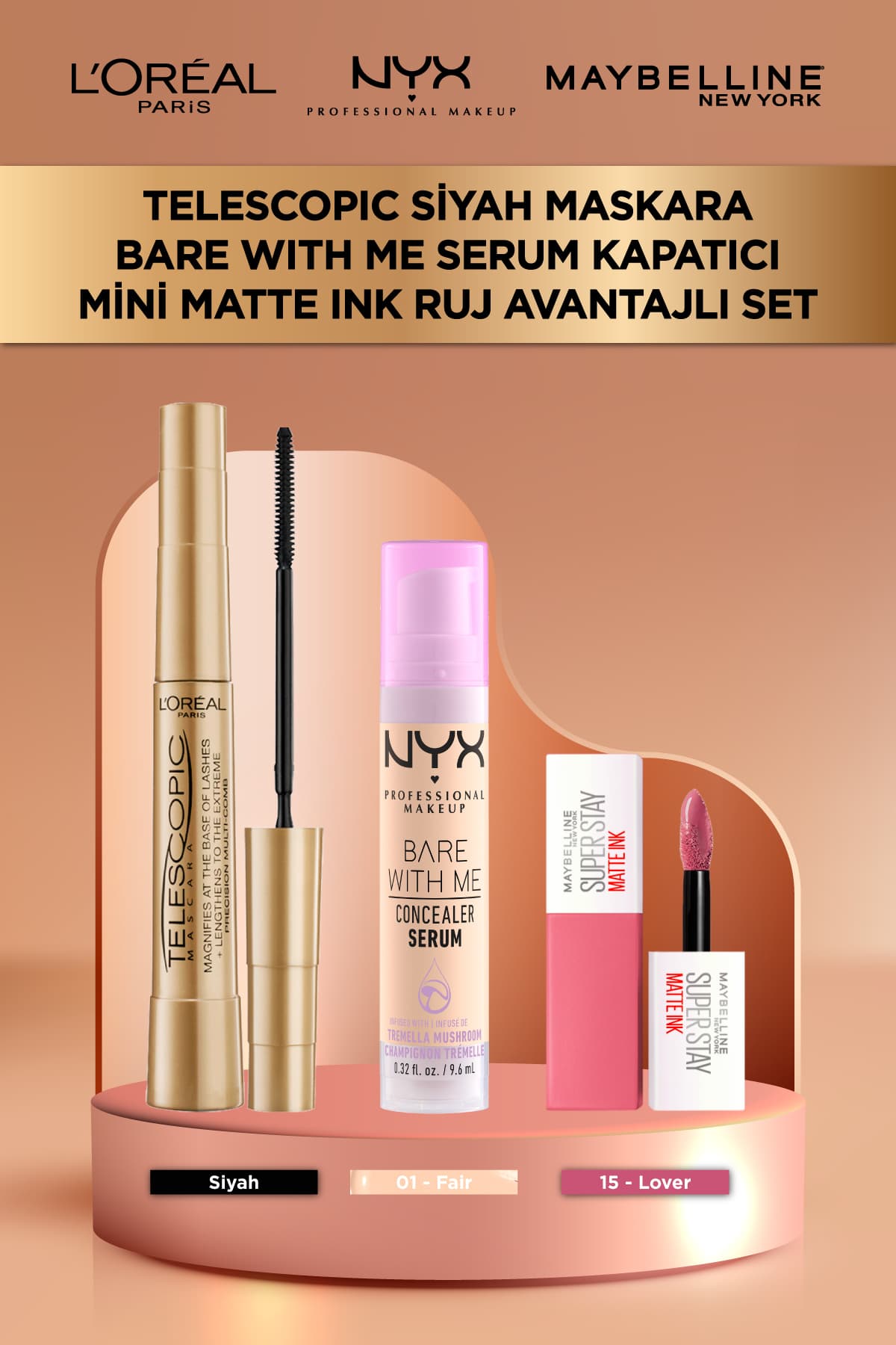 ست آرایشی L'Oreal Paris ریمل Telescopic Gold، کانسیلر Bare With Me 01 و Matte Ink 15 Mini ست آرایشی L'Oreal Paris ریمل Telescopic Gold، کانسیلر Bare With Me 01 و Matte Ink 15 Mini