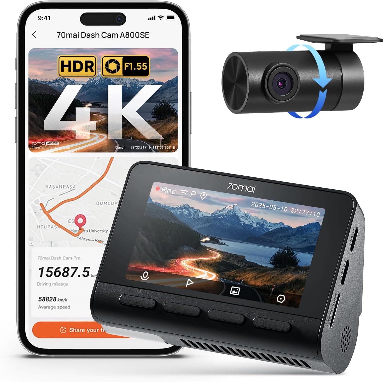 دوربین داشبورد 70mai جلو عقب 4K بدون کارت حافظه microSD مدل A800SE دوربین داشبورد 70mai جلو عقب 4K بدون کارت حافظه microSD مدل A800SE